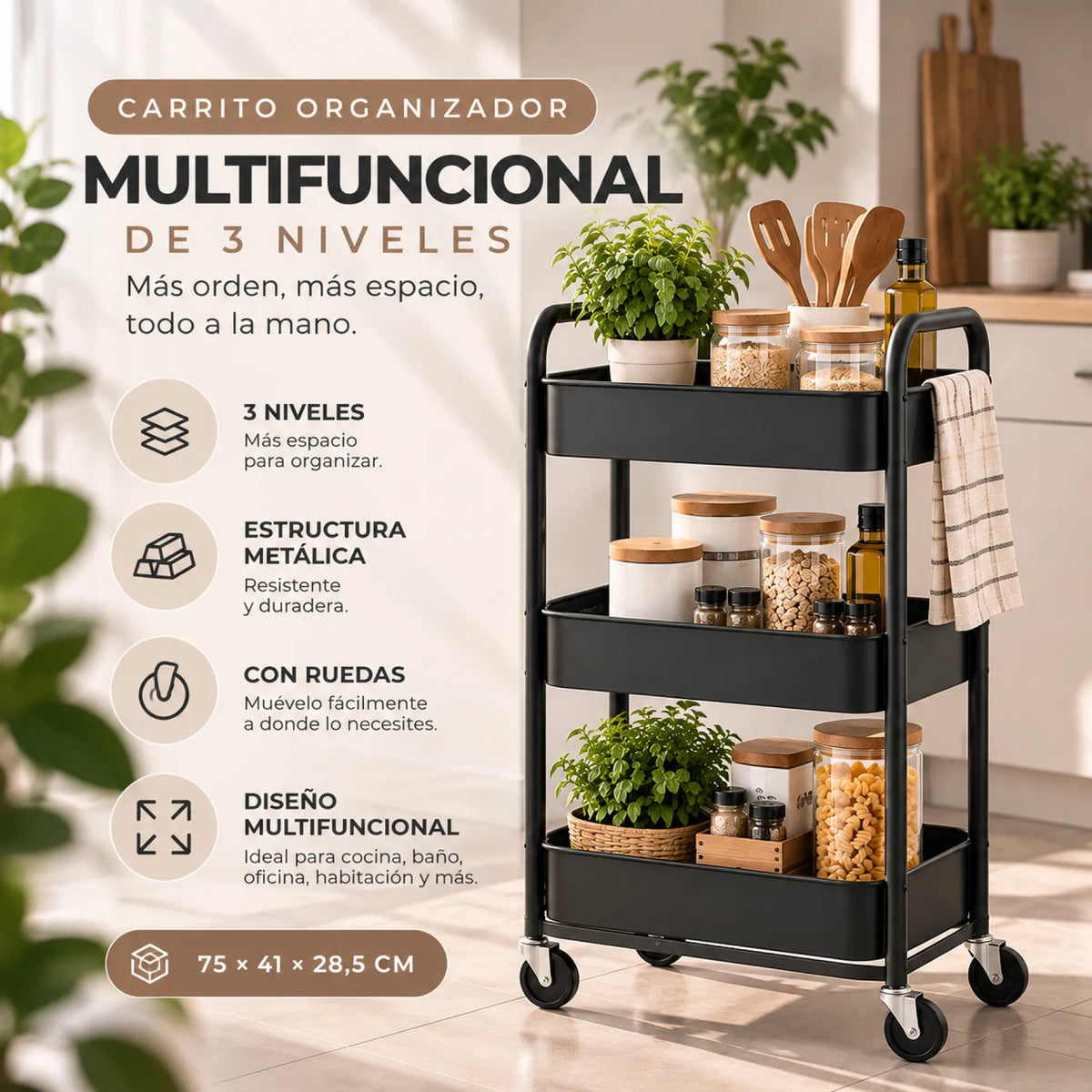 Carrito Organizador Multifuncional 3 niveles METALICO