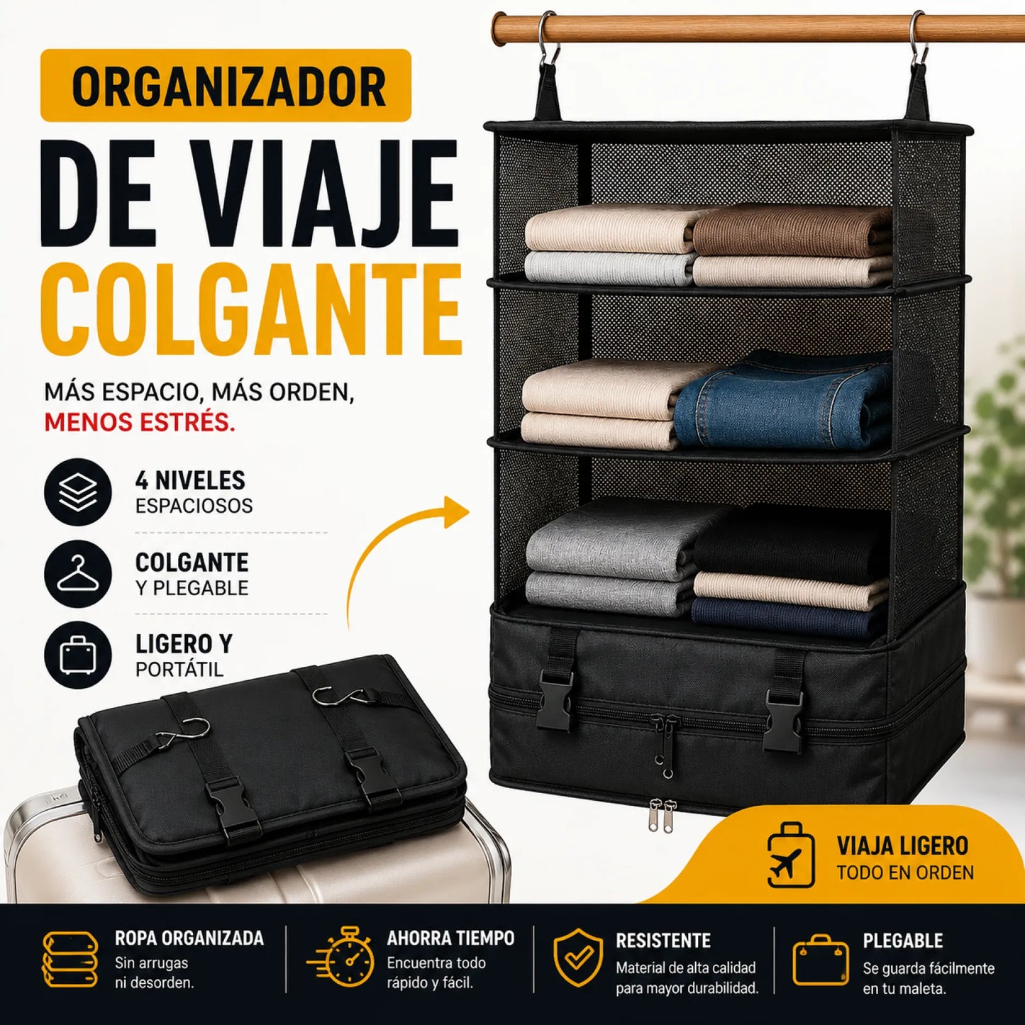 Closet Viajero™ | Organizador de Viaje Colgante Plegable 4 Niveles